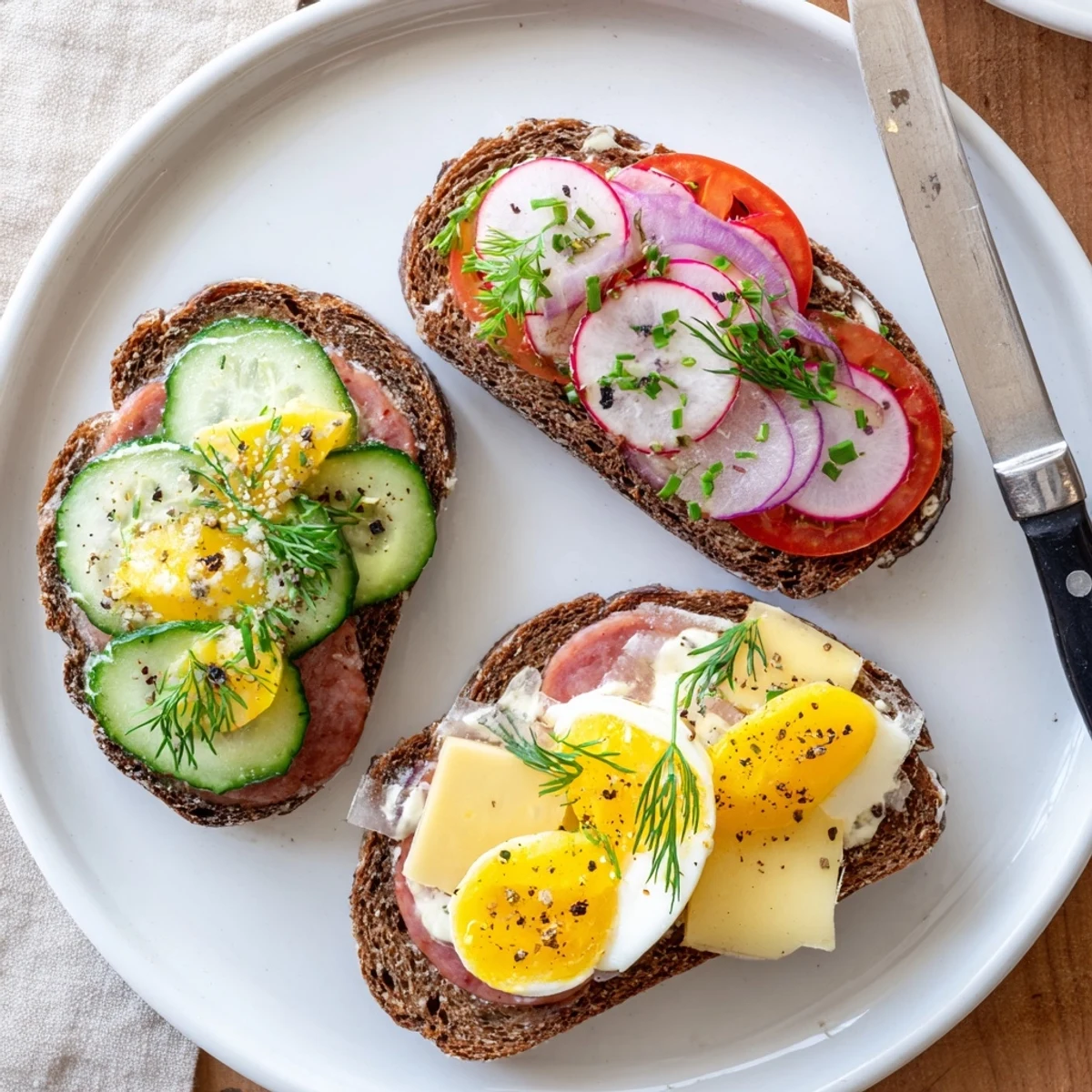 Colorful open faced Polish sandwiches kanapki arranged on a rustic wooden cutting board