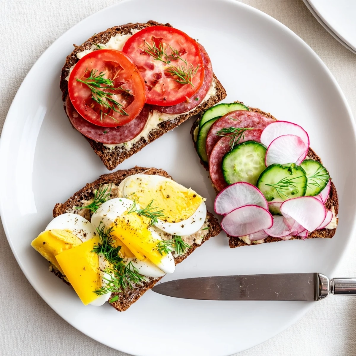 Fresh dill garnishes these vibrant open faced Polish sandwiches kanapki served as a party appetizer