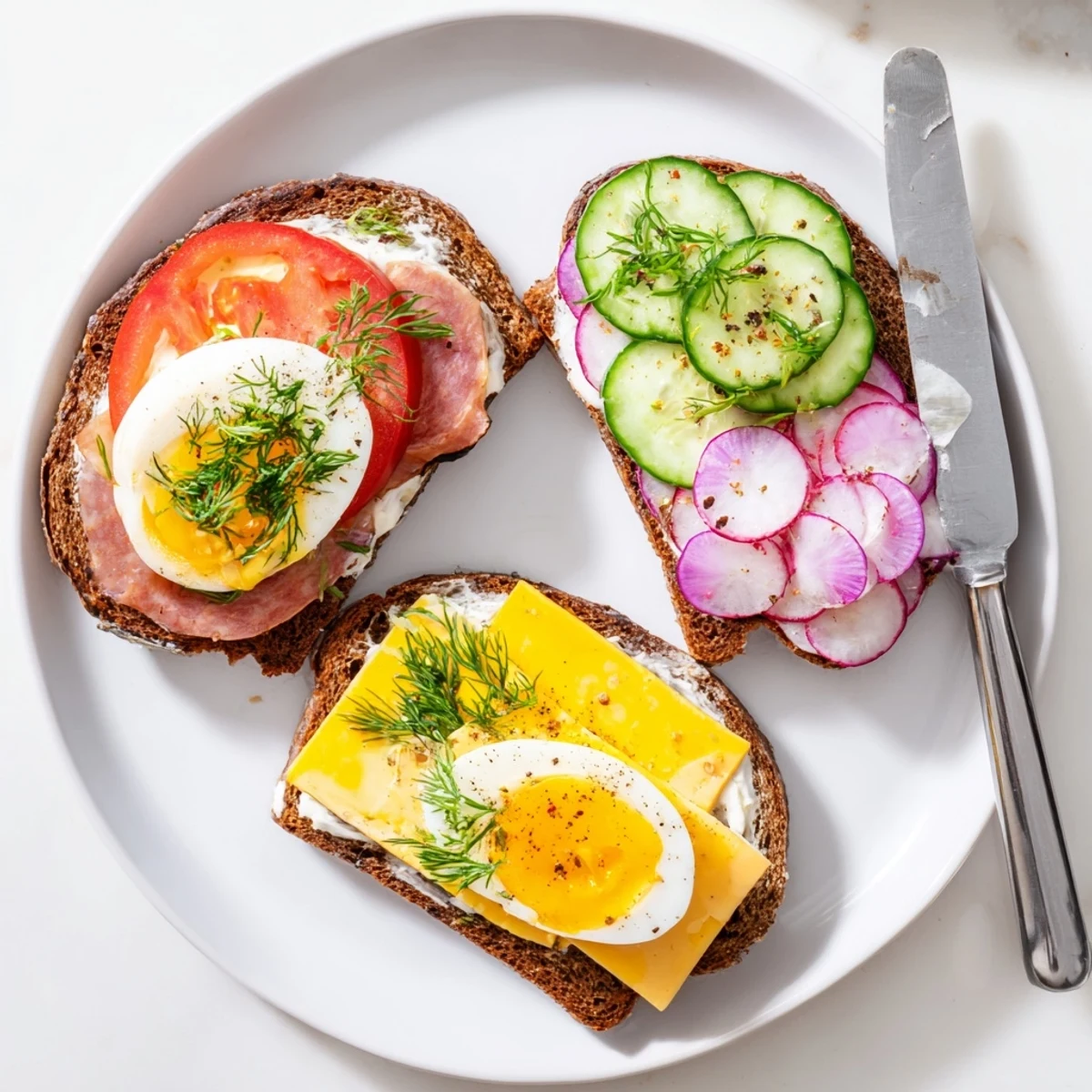 Crisp vegetables and savory meats piled high on rye bread open faced Polish sandwiches kanapki