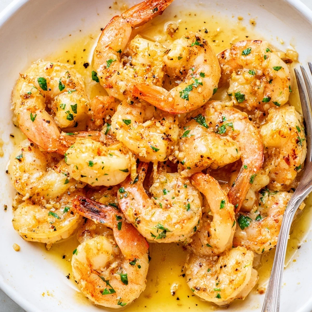 Golden buttered shrimp glistening in a garlicky lemon butter sauce with fresh parsley