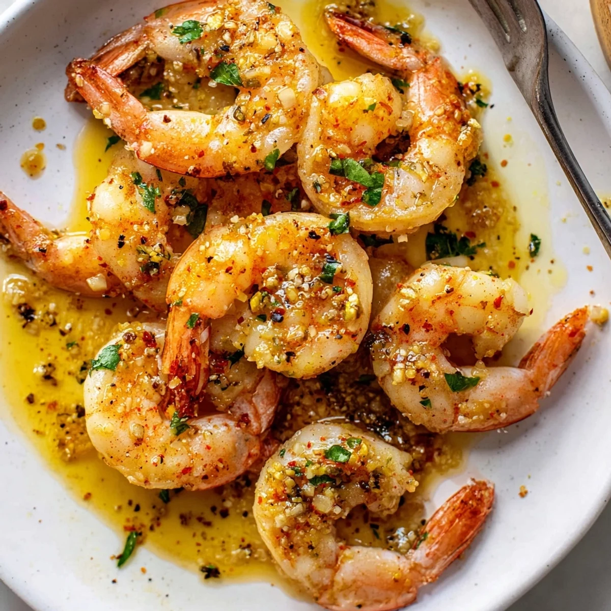 Plump buttered shrimp coated in a glossy paprika garlic butter sauce ready to serve