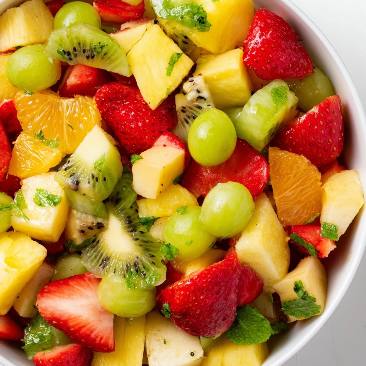 Fresh fruit bowl overflowing with strawberries, kiwi, pineapple, and grapes