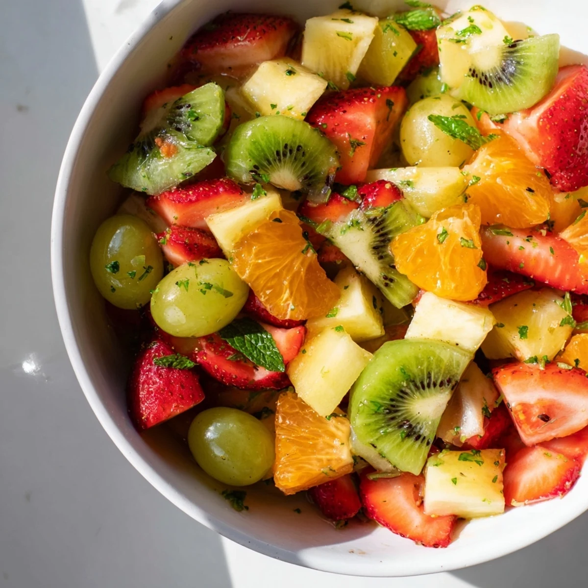 Colorful fruit bowl glistening with lime dressing, fresh mint, and ripe berries