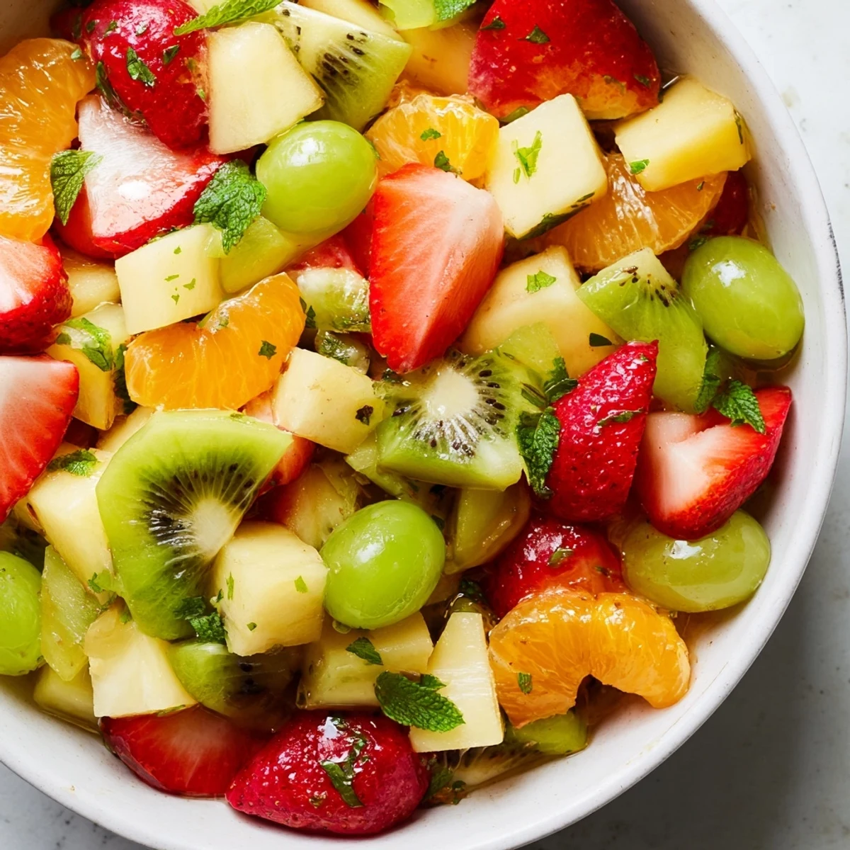 Refreshing fruit bowl drizzled with zesty citrus honey glaze and mint