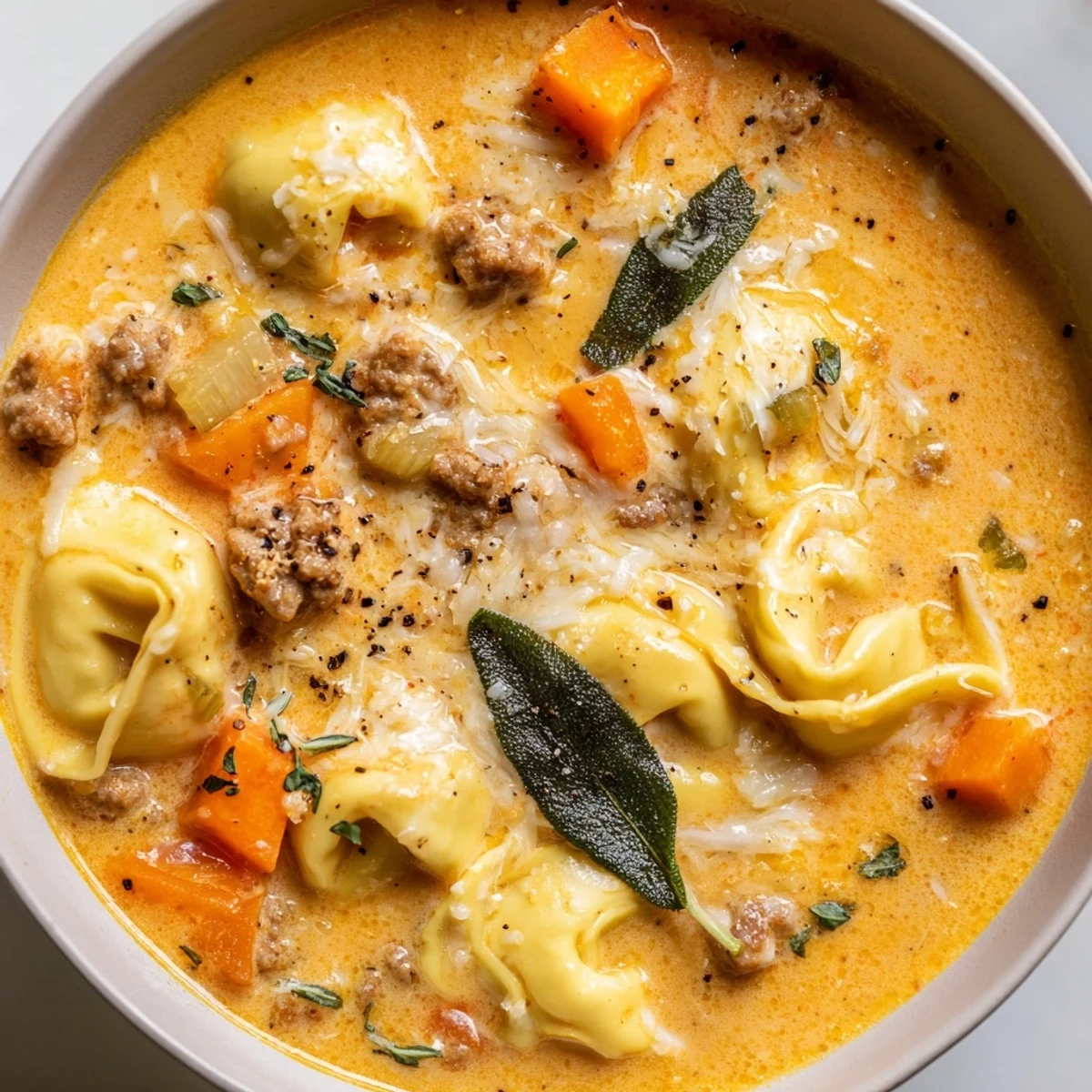 Creamy butternut squash sausage tortellini soup with golden sage cheese swirl in a rustic bowl