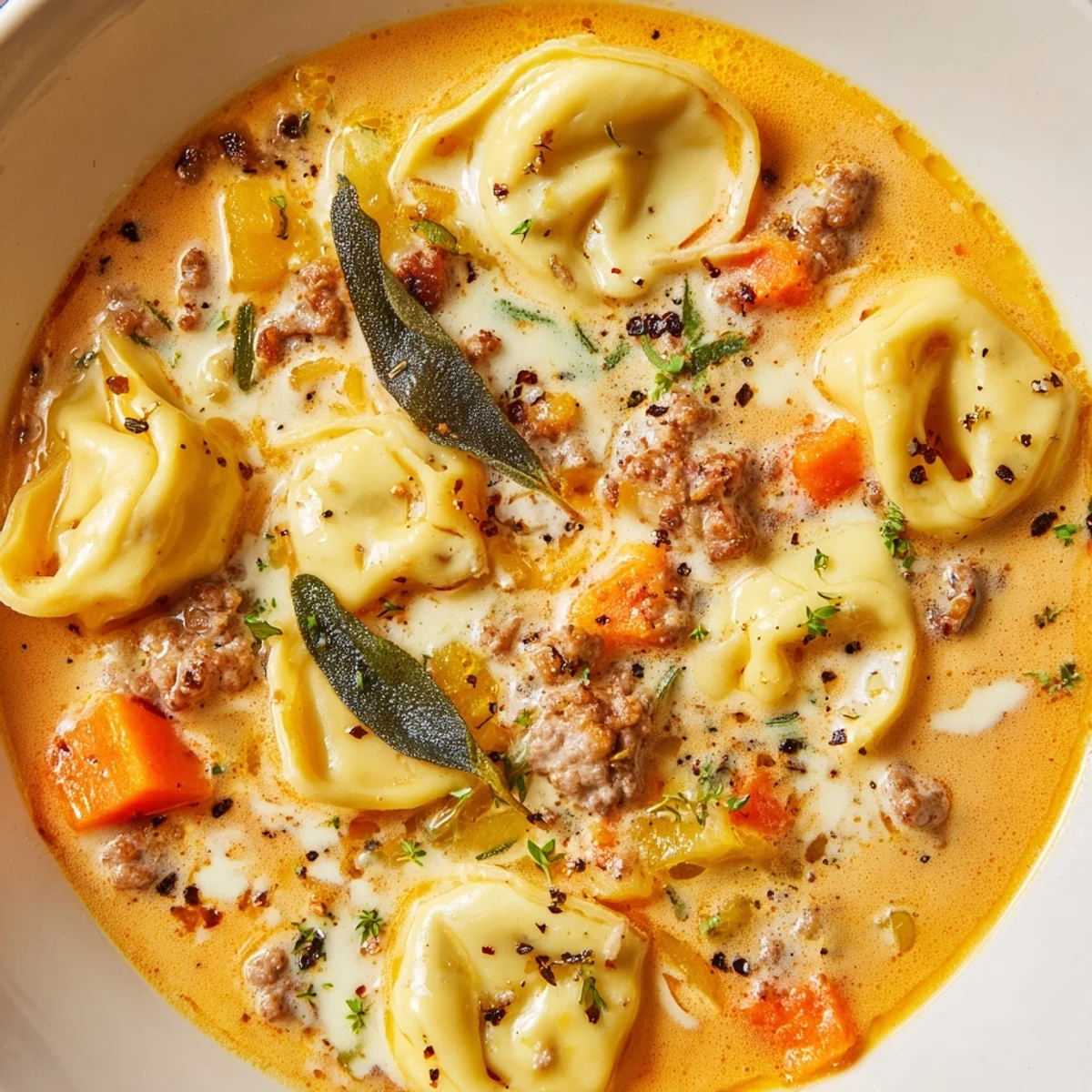 Steaming bowl of butternut squash sausage tortellini soup topped with melted Parmesan and crispy sage