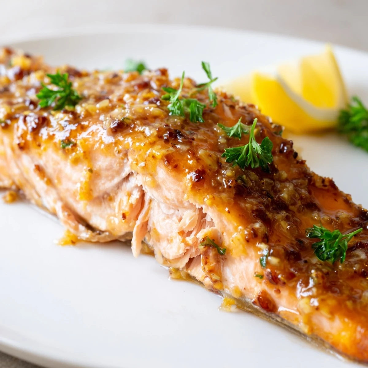 Golden baked honey mustard salmon fillets glistening with a sweet, tangy glaze on a parchment-lined baking sheet.
