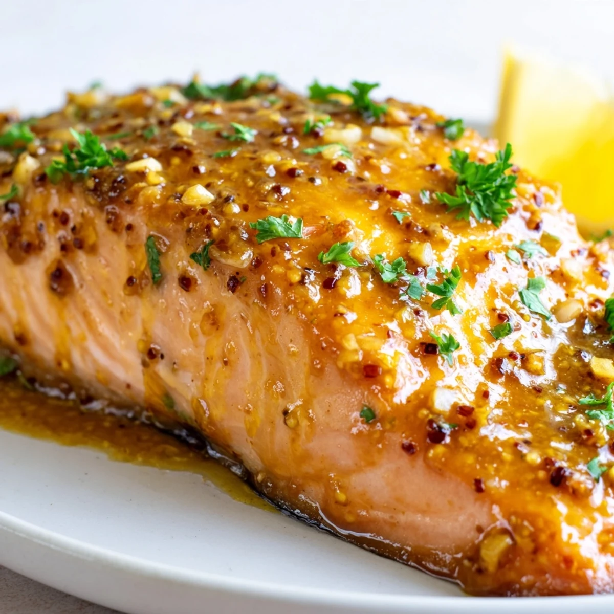 Tender baked honey mustard salmon topped with fresh parsley and lemon wedges on a white plate.