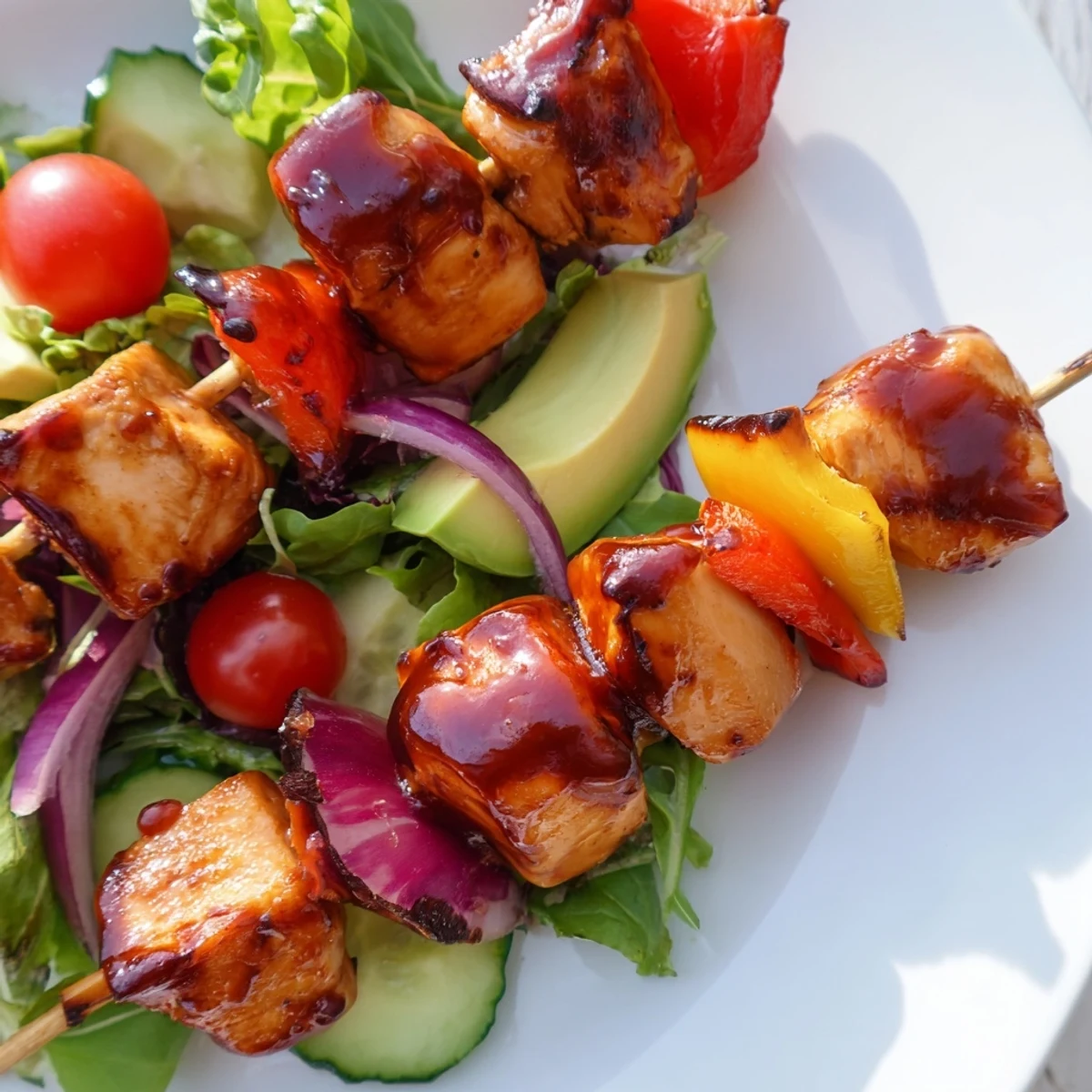 Delicious BBQ chicken skewer salad featuring sliced avocado, peppers, and tomatoes.