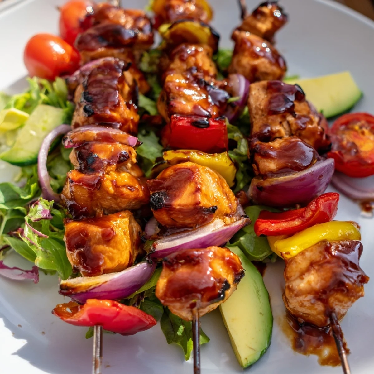 Vibrant BBQ chicken skewer salad with crisp vegetables and zesty dressing.