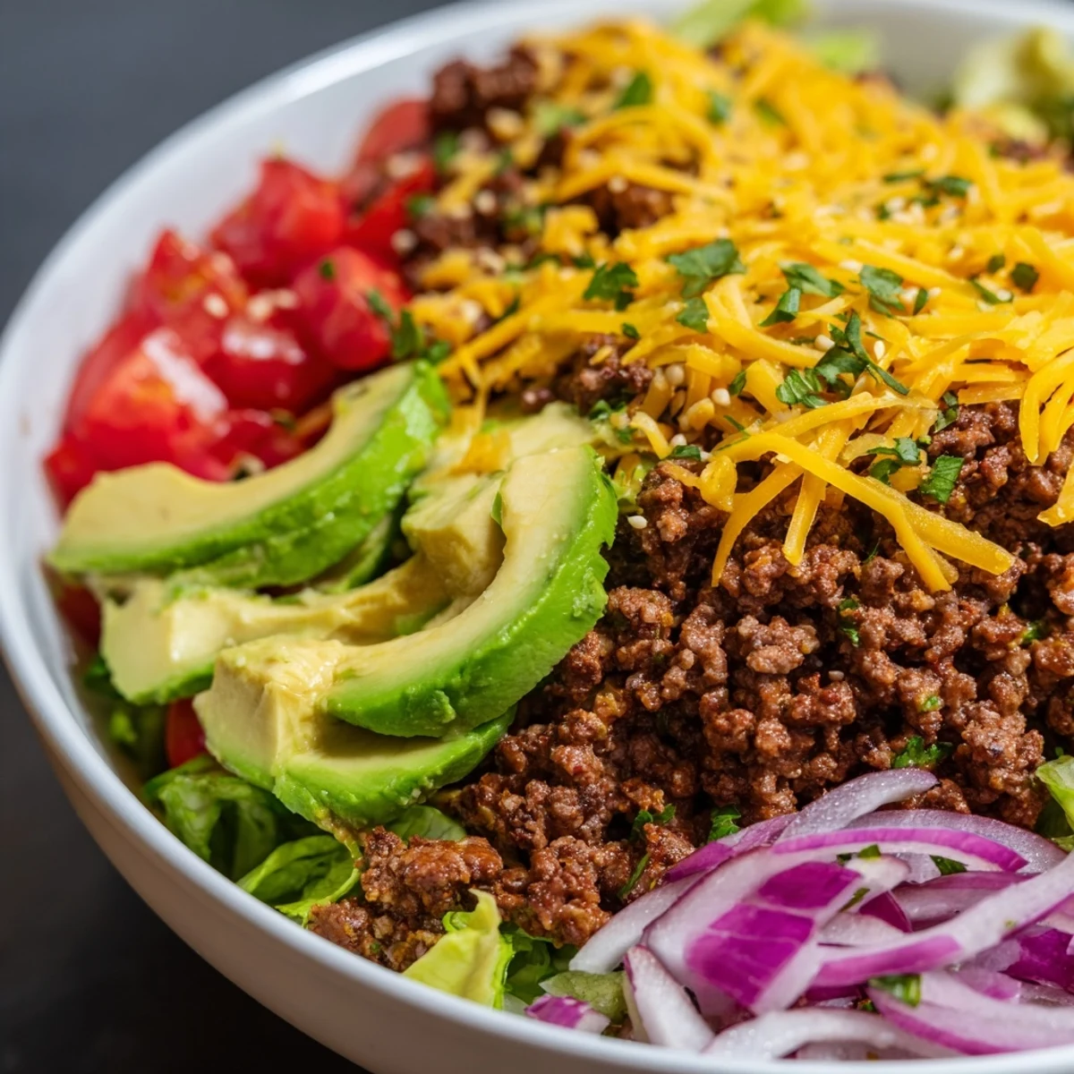 A low-carb burger bowls recipe featuring seasoned ground beef, fresh veggies, and cheddar cheese served in a bowl.
