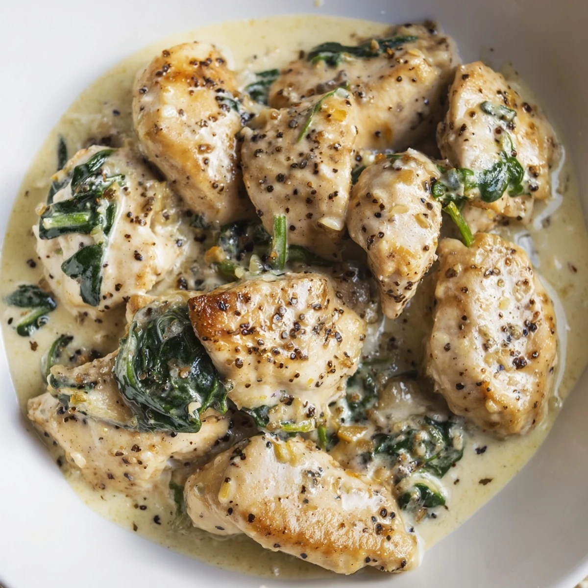Golden pan-seared chicken rests in a rich lemon Parmesan sauce with wilted spinach.