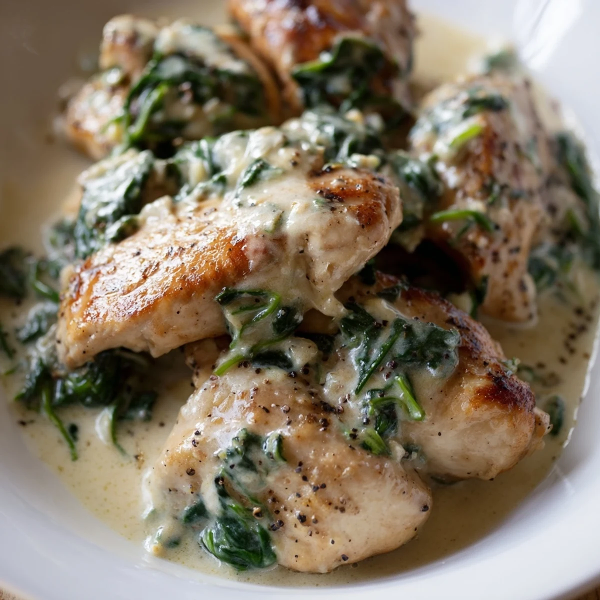 A fork cuts into juicy Lemon Parmesan Spinach Chicken served over fresh green leaves.