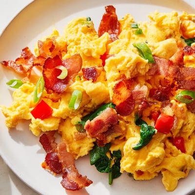 A hearty serving of Loaded Scrambled Eggs topped with crumbled bacon, shredded cheddar, and green onions on a white plate for a savory breakfast.