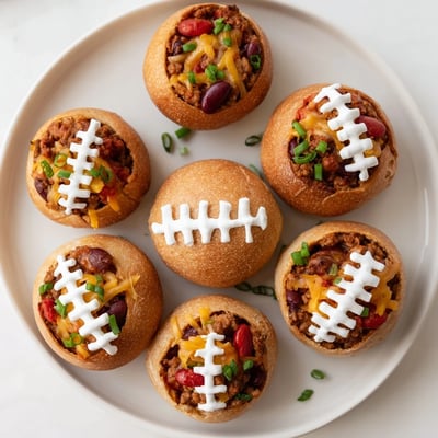 Twelve Mini Chili Football Bread Bowls arranged on a white serving tray, each overflowing with thick ground beef chili, topped with bubbly cheese and green onion garnish for extra flavor.