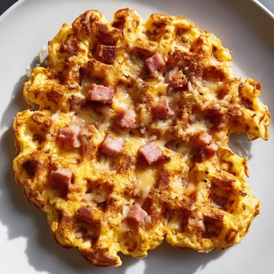 Close-up of two low-carb Ham and Cheese Chaffles with diced ham and melted cheddar on a rustic plate.  