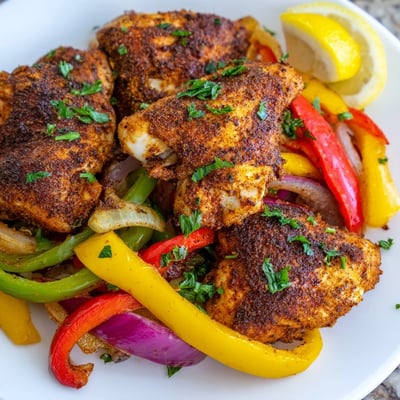 A plated serving of Cajun chicken bell peppers spicy delight topped with fresh parsley and lemon.  
