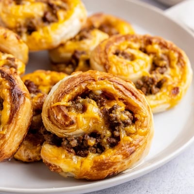 Warm Cheesy Bacon Burger Rollups stacked on a wooden board, ready to serve with ketchup and mustard dips.