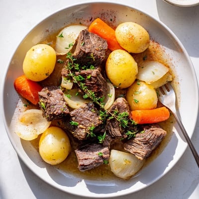 A rustic serving of Slow Cooker Garlic Butter Beef with Potatoes and carrots, garnished with fresh parsley for a comforting American meal.