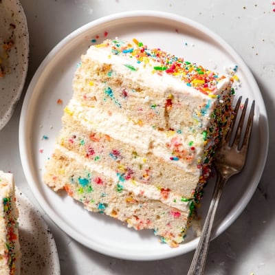 The Milk Bar Birthday Cake shows colorful sprinkles crumbled into creamy frosting between tender vanilla layers on a white plate.