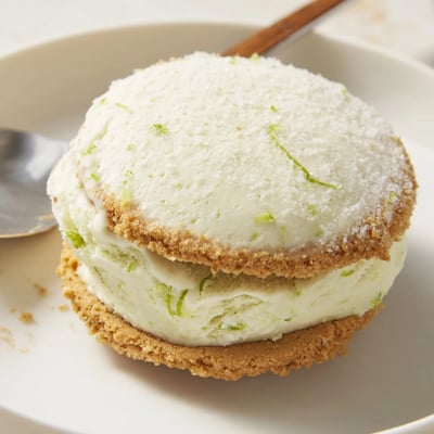 Homemade Key Lime Pie Ice Cream Sandwiches with creamy lime center and golden cookies