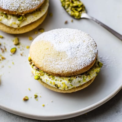 Warm Pistachio Cream Cookies Recipe cooling on wire rack, white chocolate flecks.