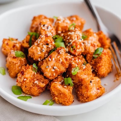 Golden Bang Bang Salmon Bites piled on rice, sesame seeds and cilantro.