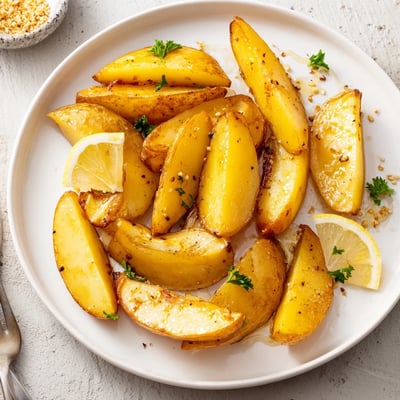 Oven roasted Authentic Greek Lemon Potatoes Recipe served hot with parsley garnish