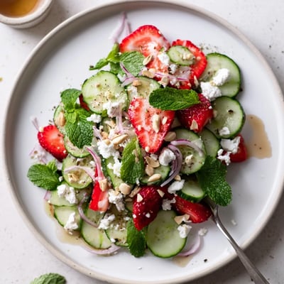 Bright Cucumber Strawberry Salad tossed with honey vinaigrette, crunchy toasted almonds.