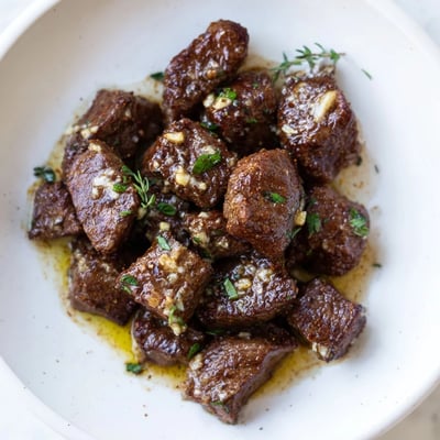 Garlic Butter Steak Bites piled on crusty bread, tender and buttery