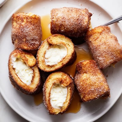 Handheld Cinnamon Roll French Toast Roll Ups filled with sweet cream cheese
