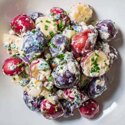 Colorful red white blue potato salad topped with chives served at a backyard barbecue