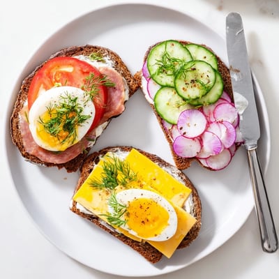 Crisp vegetables and savory meats piled high on rye bread open faced Polish sandwiches kanapki
