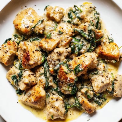 Tender chicken breasts topped with melted cheese in a creamy garlic lemon spinach sauce.
